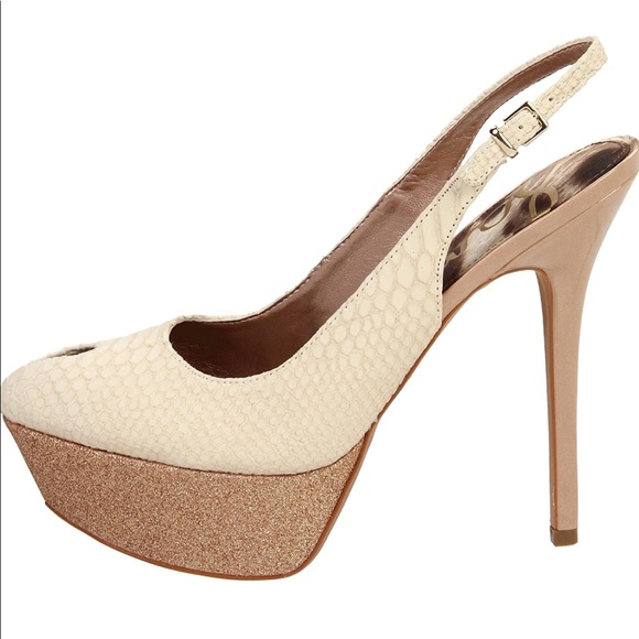 *SOLD!* EUC Sam Edelman Novato Snakeskin glitter slingback platforms 9.5 - Picture 4 of 8